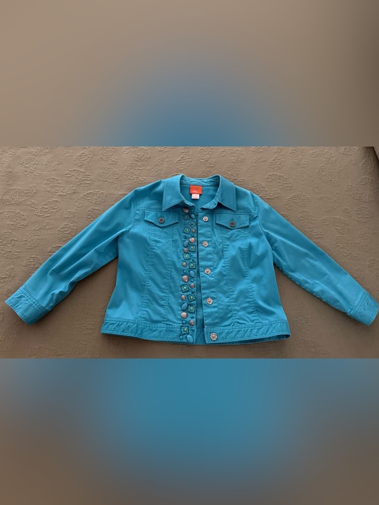 hearts of palm Jackets & Blazers - hearts of palm Turquoise Button-Embellished Jean Jacket